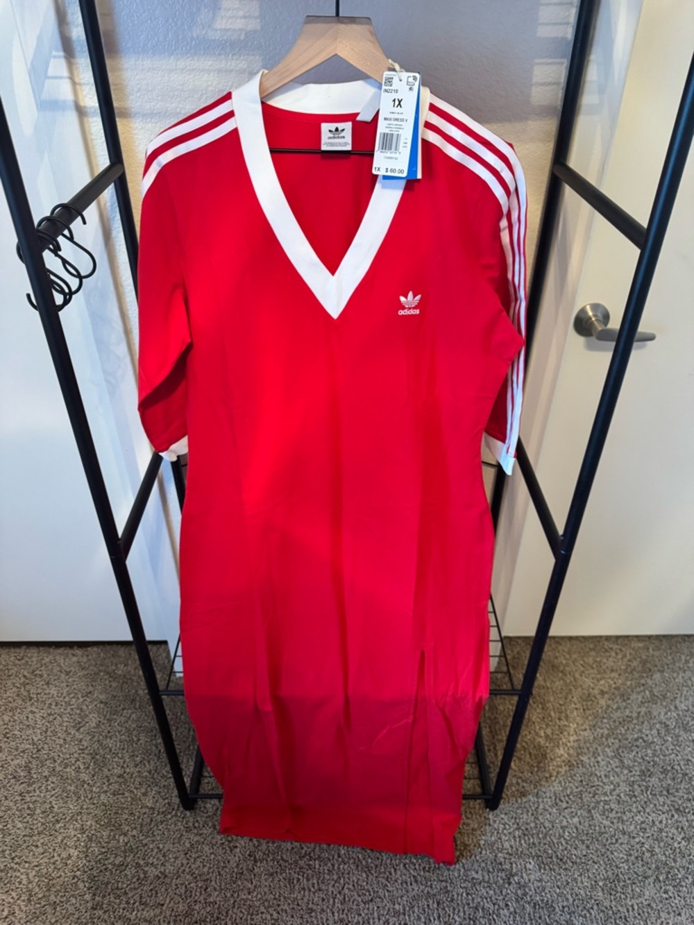 adidas Red V-Neck Jersey Dress with White Stripes